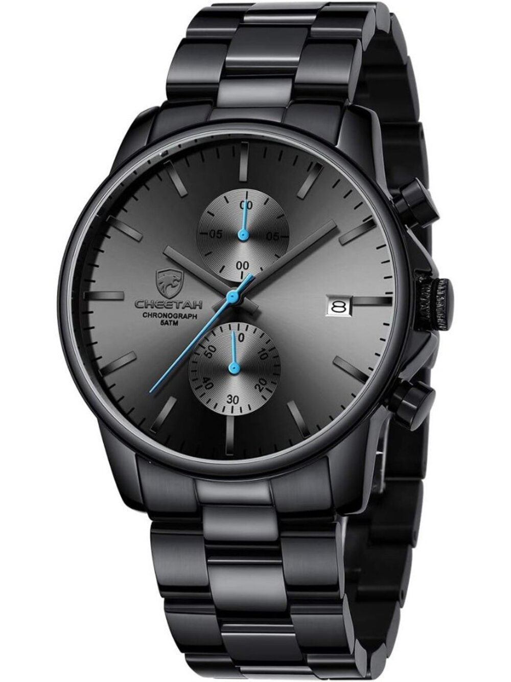 Men's Black Blue Classic Stainless Steel Waterproof Chronograph Quartz Watch